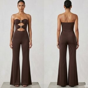 Chocolate Brown Rhinestone Cut-Out Wide Leg Jumpsuit - Strapless Y2K Glam